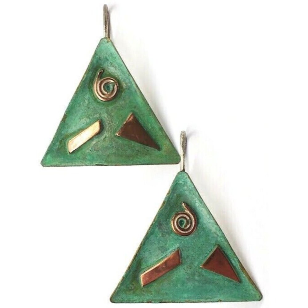 Lovely Vintage Barbara Sucherman Abstract Earrings Brass Copper Art Green